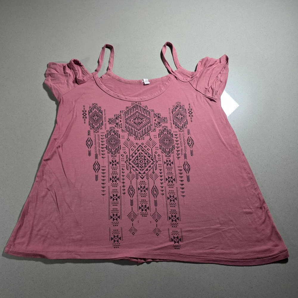 Liberty Wear Womens Mauve Cold Shoulder Tribal Graphic Rhinestone Top 2XL